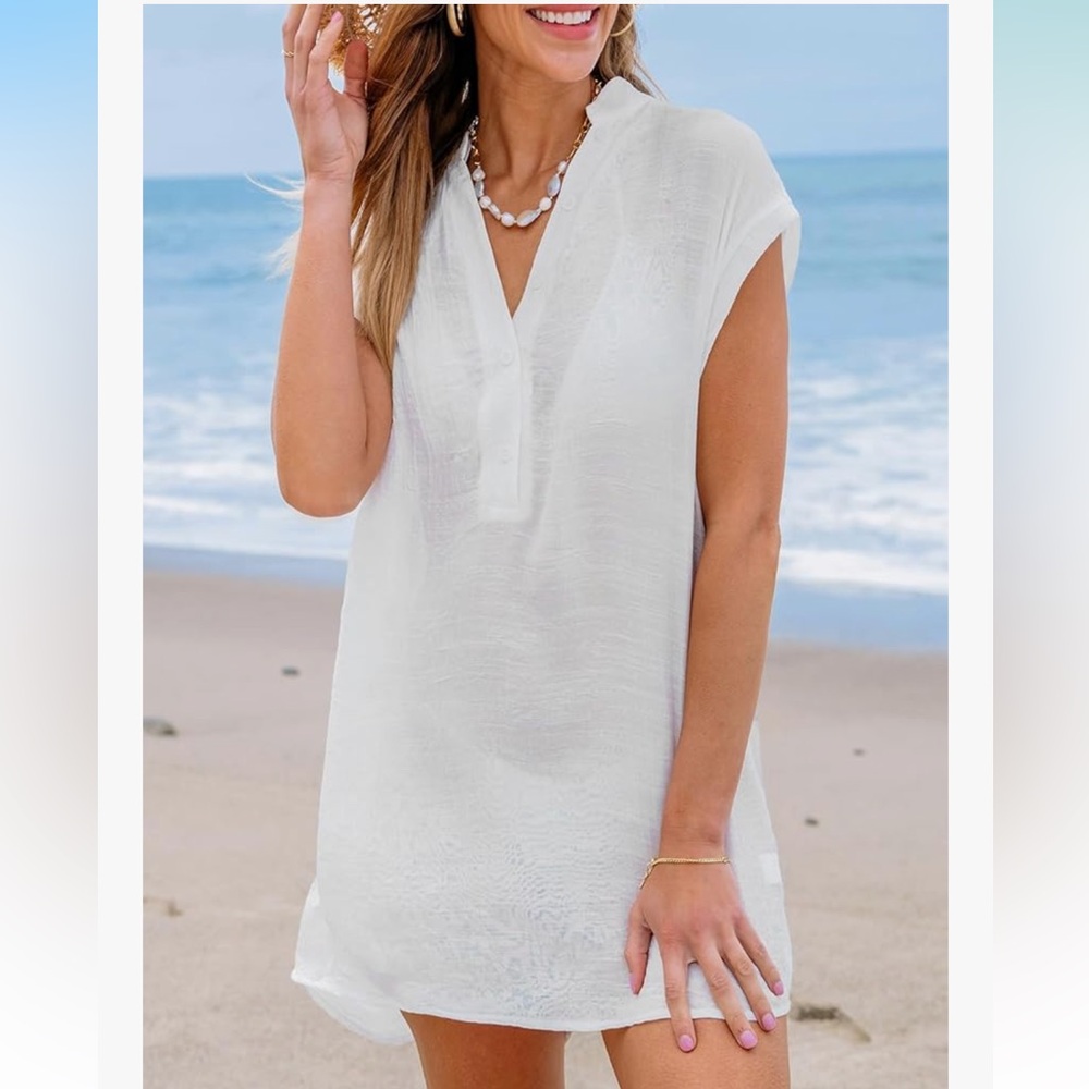 Cupshe NWT S WHITE LOW V POCKETS FRONT TUNIC COVER-UP DRESS